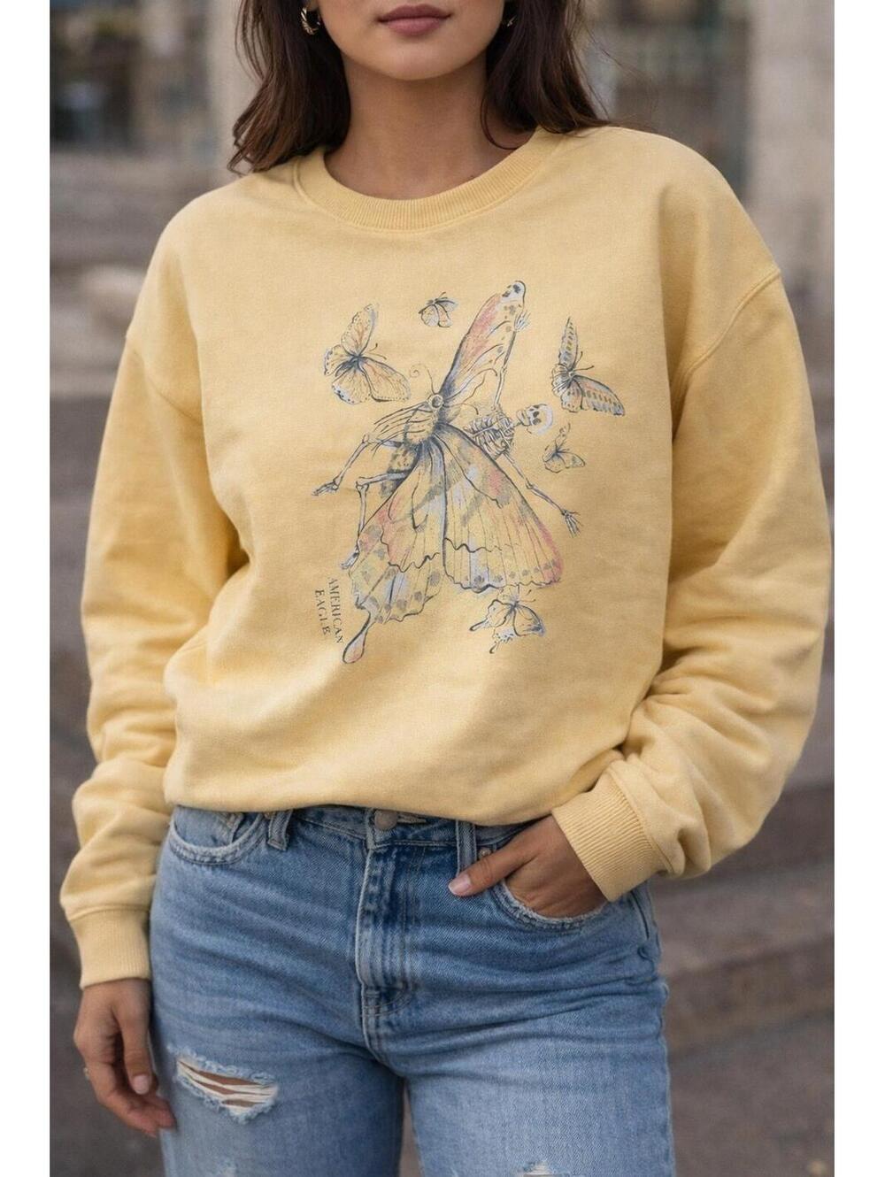 American Eagle Graphic Sweatshirt Womens Small Yellow Skeleton Butterfly Fairy